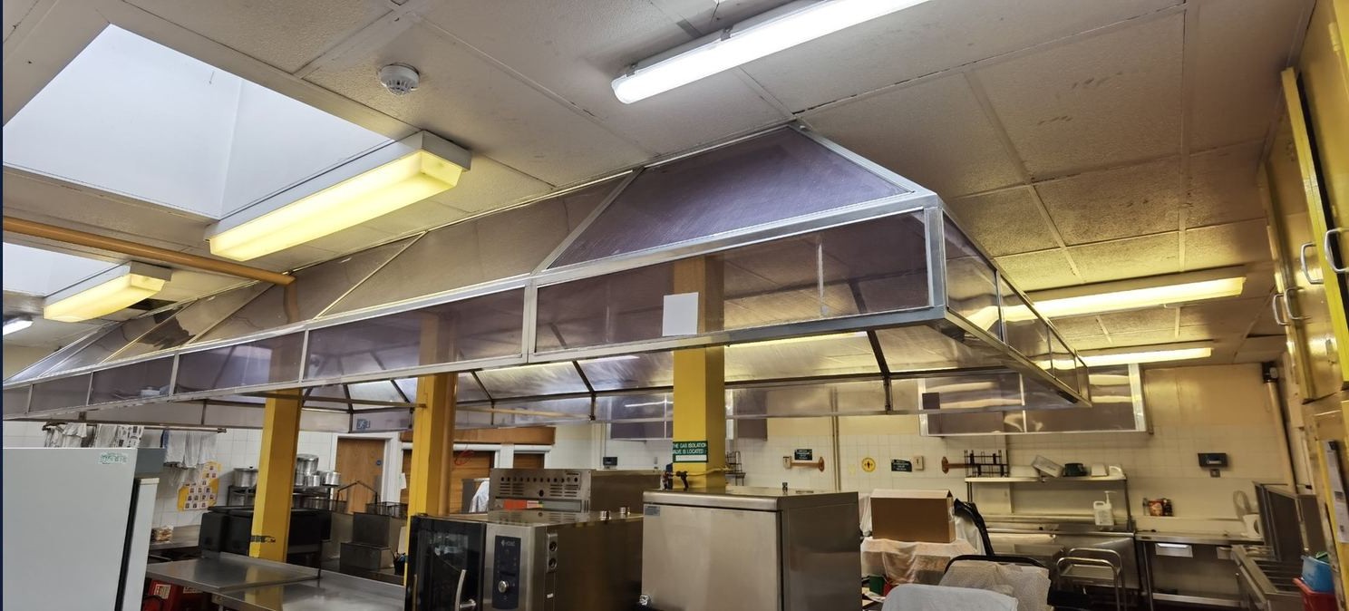 School kitchen deep clean, including floor and extraction canopy